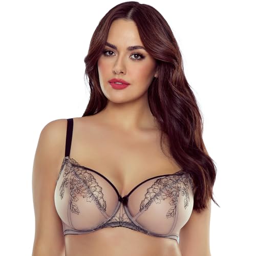 VIVISENCE Damen Soft-BH Eleganter Mit Stabilen Tüll-Cups Stickerei Und Zierband Im Dekolleté Vertikale Seitenstäbchen Formende Bügel Verstellbare Träger Metallhaken, Beige-Schwarz,80H von VIVISENCE