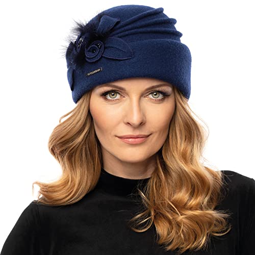 VIVISENCE Damen Winter Toque Aus Wolle Handgefertigte Herbst Warme Mütze Mit Blumenapplikation Für Frauen Perlen Perfekter Passform Ideal Für Kalte Wintertage Modell 7058, Dunkelblau,Einheitsgröße von VIVISENCE
