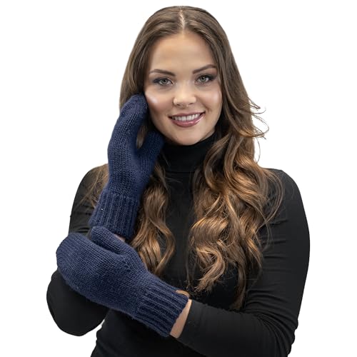 VIVISENCE Damen Winter Fausthandschuhe Aus Wärmendem Garn Mit Breitem Strickbündchen, Handschuhe Gemütlich Stilvolle Musterloses Design Für Kalte Wintertage Herbst Modell, Marineblau,Einheitsgröße von VIVISENCE