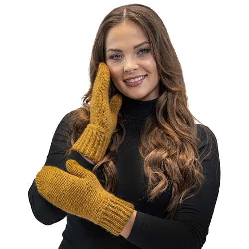 VIVISENCE Damen Winter Fausthandschuhe Aus Wärmendem Garn Mit Breitem Strickbündchen, Handschuhe Gemütlich Stilvolle Musterloses Design Für Kalte Wintertage Herbst Modell, Dunkelgelb,Einheitsgröße von VIVISENCE