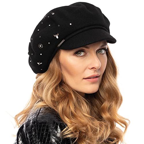 VIVISENCE Damen Winter Kaskett Handgefertigtes Herbst Mütze Mit Antistatischem Innenfutter Für Frauen Perfekte Passform Ideal Für Kalte Wintertage Modell 7062, Schwarz,Einheitsgröße von VIVISENCE