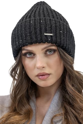 VIVISENCE Damen Winter Mütze Klassischen Beanie Strickmütze Stil Perfekte Passform Strickbündchen Umgeschlagener Saum Warmem Rippengarn Ideal Für Kalte Wintertage Winter Herbst, Schwarz,Einheitsgröße von VIVISENCE