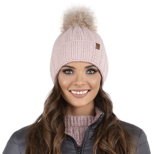 VIVISENCE Damen Winter Mütze Mit Kunstpelzbommel Strickmützen Aus Warmem Garn Mit Modischem Gewebe Aufgerollt Mit Weichem Fleecefutter Ideal Für Kalte Wintertage Modell 7019, Puderrosa,Einheitsgröße von VIVISENCE