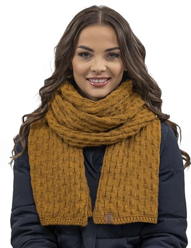 VIVISENCE Damen Winter Schal Aus Modischer Gemütlich Wärmendem Garn Mit Dekorativer Bindung Für Kalte Wintertage Frauen Elegante Und Sportliche Outfits Winter Herbst Modell, Dunkelgelb,Einheitsgröße von VIVISENCE