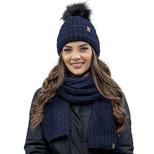 VIVISENCE Trendige Damen Winter Bommelmütze Mit Weichem Vlies-Innenfutter Aus Wärmendem Garn Antistatische Eigenschaften Perfekte Passform Für Kalte Wintertage Modisches, Dunkelblau,Einheitsgröße von VIVISENCE