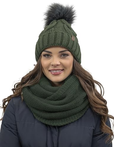 VIVISENCE Damen Bommelmütze Und Loop-Schal Mit Bommel Ideal Für Wintertage 7014, Grün,Einheitsgröße von VIVISENCE