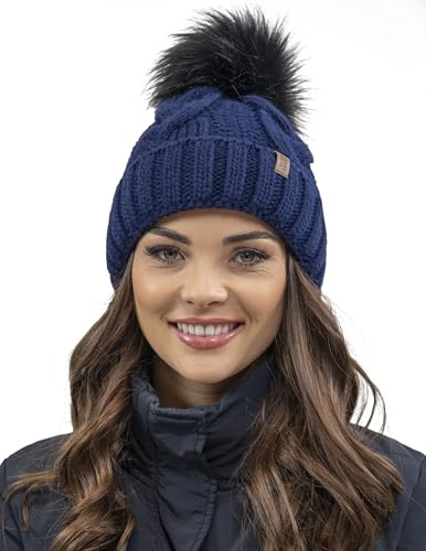 VIVISENCE Wintermütze Mit Bommel Damen Warmes Ideal Für Kalte Wintertage 7014, Dunkelblau,Einheitsgröße von VIVISENCE