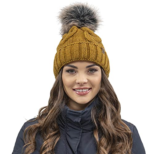 VIVISENCE Wintermütze Mit Bommel Damen Perfekte Passform Warmes Strickmütze Herbst Frauen Mütze Für Winter Aufgerolltem Design Für Extra Wärme Ideal Für Kalte Wintertage, Dunkelgelb,Einheitsgröße von VIVISENCE
