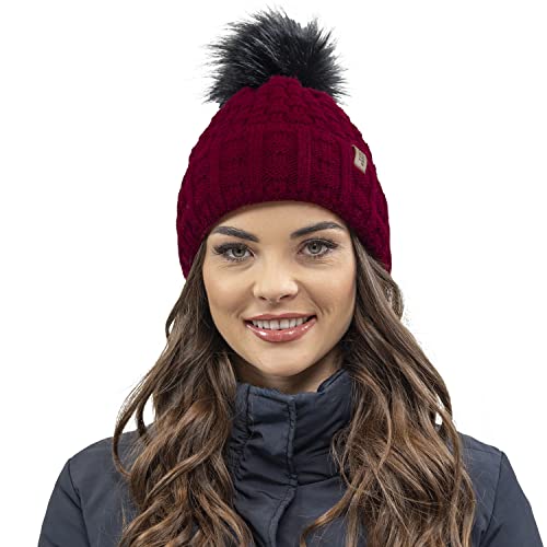 VIVISENCE Wintermütze Mit Bommel Damen Perfekte Passform Warmes Bommelmütze Herbst Frauen Mütze Für Winter Aufgerolltem Design Für Extra Wärme Ideal Für Kalte Wintertage Modell, Weinrot,Einheitsgröße von VIVISENCE
