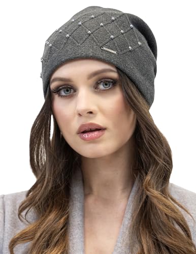 VIVISENCE Damen Wintermütze Warm Und Bequem Beanie Für Herbst Und Winter Warm Dick Kopfbedeckung, Klassisch Elegante Mütze Für Frauen Schnitt Modell 7002, Dunkelgrau,Einheitsgröße von VIVISENCE