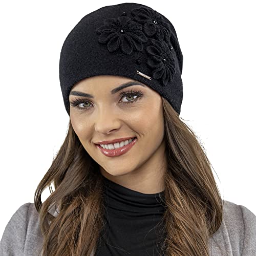 VIVISENCE Damen Wintermütze Warm Und Bequem Kopfbedeckung Für Herbst Und Winter Warm Dick, Blumenapplikation, Klassisch Mütze Für Frauen, Hergestellt In EU, Schwarz von VIVISENCE