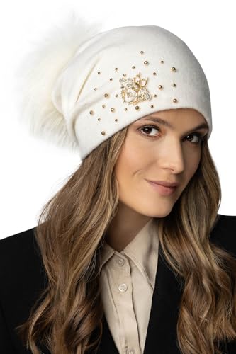 VIVISENCE Damen Wolle Mütze Für Winter Handgefertigte Aus Schurwolle Mit Abnehmbarem Bommel Herbst Hut Frauen Perfekter Passform Ideal Für Kalte Wintertage Modell 7079, Ecru,Einheitsgröße von VIVISENCE