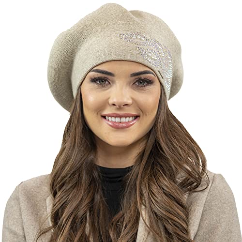 VIVISENCE Baskenmütze Für Damen Winter Herbst Warme Barette Mit Glänzender Zirkonia-Applikation Frauen Elegante Klassischem Stil Perfekte Für Herbst Und Wintertage Modell 7051, Beige,Einheitsgröße von VIVISENCE