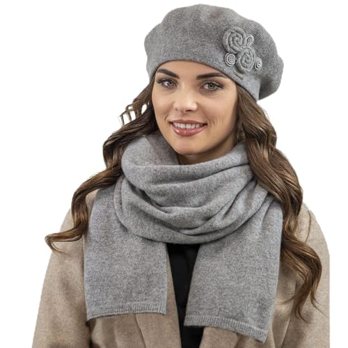 VIVISENCE Elegantes Damen Winter Set Aus Baskenmütze Und Langem Schal Aus Wärmendem Wollgarn Perfekte Passform Für Kalte Wintertage Ideal Für Elegante Und Sportliche Outfits, Hellgrau,Einheitsgröße von VIVISENCE