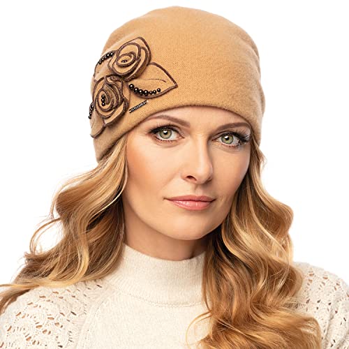VIVISENCE Mütze Damen Für Winter Handgefertigte Herbst Elegante Beanie Wintermütze Aus Schurwolle Antistatische Eigenschaften Perfekt Für Kalte Wintertage Modell 7068, Beige,Einheitsgröße von VIVISENCE