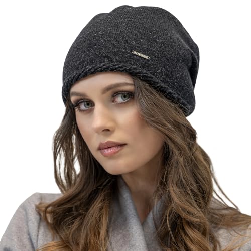 VIVISENCE Damen Beanie Mütze Winter Aus Warmem Wollgarn Klassische Herbst Wintermütze Gemütlich Mit Innenfutter Perfekter Passform Extra Komfort Modell 7087, Schwarze Melange,Einheitsgröße von VIVISENCE