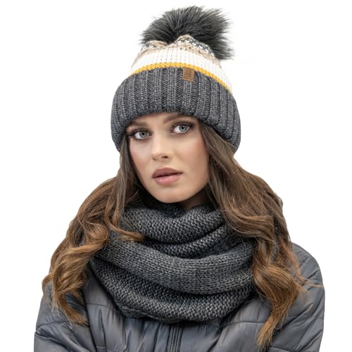 VIVISENCE Modisches Winterset Für Damen Warme Mütze Mit Antistatischem Fleece Und Umweltfreundlichem Bommel Passender Loop-Schal Aus Weichem Garn Perfekt Für Kalte Tage Und, Dunkelgrau,Einheitsgröße von VIVISENCE