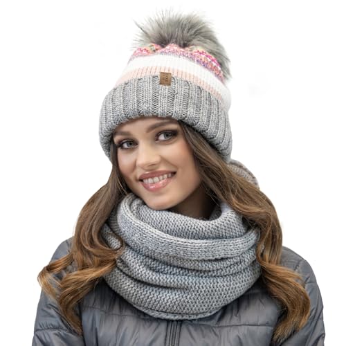 VIVISENCE Modisches Winterset Für Damen Warme Mütze Mit Antistatischem Fleece Und Umweltfreundlichem Bommel Passender Loop-Schal Aus Weichem Garn Perfekt Für Kalte Tage Und, Grau,Einheitsgröße von VIVISENCE