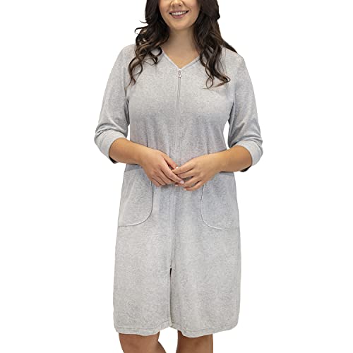 VIVISENCE Morgenmantel Mit Taschen Baumwolle Reißverschluss Bequem Für Zu Hause Zu Tragen 5027, Grau,L von VIVISENCE