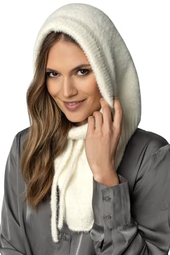 VIVISENCE Schalmütze Kapuzen Schal Balaclava Für Damen Kombination Aus Stilvolle Mütze Und Loop-Schal Verstellbarem Kordelzug Aus Weichem Und Warm Garn Winter Herbst 7097, Ecru,Einheitsgröße von VIVISENCE