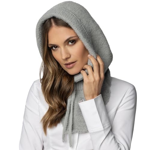 VIVISENCE Schalmütze Kapuzen Schal Balaclava Für Damen Kombination Aus Stilvolle Mütze Und Loop-Schal Verstellbarem Kordelzug Aus Weichem Und Warm Garn Winter Herbst 7097, Hellgrau,Einheitsgröße von VIVISENCE