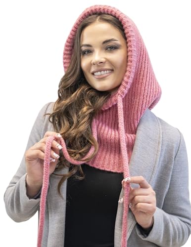 VIVISENCE Schalmütze Kapuzen Schal Für Damen Kombination Aus Stilvolle Mütze Und Loop-Schal Mit Balaclava Verstellbarem Kordelzug Aus Weicher Lammwolle Und Baumwolle Winter Herbst, Pink,Einheitsgröße von VIVISENCE