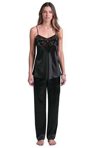 VIVISENCE Schlafanzug Set Satin Verstellbare Träger Bequem Ideal Für Nachtwäsche 2035, Schwarz,M von VIVISENCE