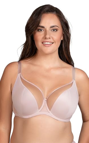 VIVISENCE Soft-BH Für Damen Mit Bügel, Halbtransparente Cups Aus Netzstoff Schleife Verstellbare Träger Hakenverschluss Verstellbaren Trägern, Beige,90C von VIVISENCE