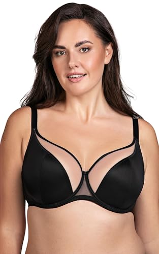 VIVISENCE Soft-BH Für Damen Mit Bügel, Halbtransparente Cups Aus Netzstoff Schleife Verstellbare Träger Hakenverschluss Verstellbaren Trägern, Schwarz,70K von VIVISENCE