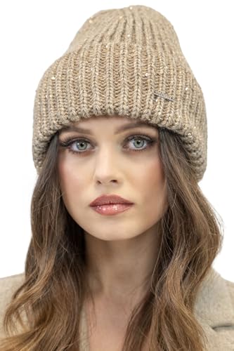 VIVISENCE Damen Winter Mütze Klassischen Beanie Strickmütze Stil Perfekte Passform Strickbündchen Umgeschlagener Saum Warmem Rippengarn Ideal Für Kalte Wintertage Winter Herbst, Beige,Einheitsgröße von VIVISENCE