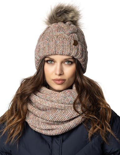 VIVISENCE Damen Bommelmütze Und Loop-Schal Mit Bommel Ideal Für Wintertage 7014, Braune Melange,Einheitsgröße von VIVISENCE