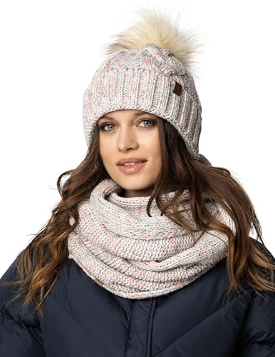 VIVISENCE Damen Bommelmütze Und Loop-Schal Mit Bommel Ideal Für Wintertage 7014, Weiße Melange,Einheitsgröße von VIVISENCE