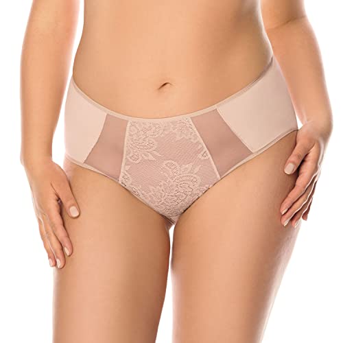 VIVISENCE Unterhosen Damen Slip Unterwäsche Frauen Hohe Taille Slip Baumwolle Spitze Netz Panties Glatter Mikrofaser Hinterteil 1044W, Beige,L von VIVISENCE