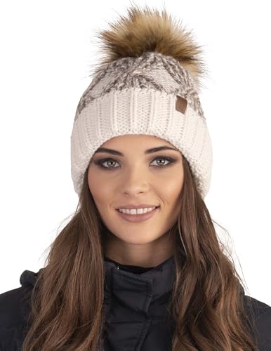 VIVISENCE Damen Mütze Bommel Warm Fleece Gefüttert Antistatisch Strick 7029, Ecru,Einheitsgröße von VIVISENCE