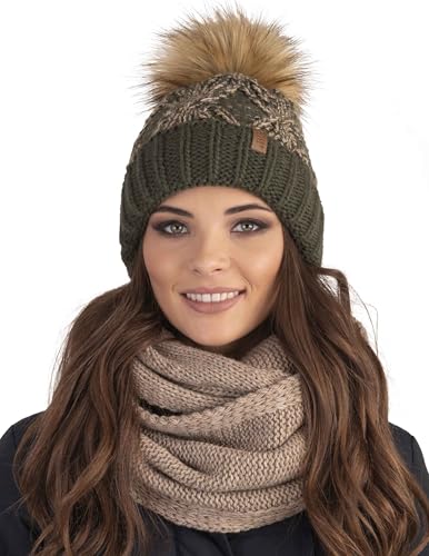 VIVISENCE Damen Mütze Bommel Warm Fleece Gefüttert Antistatisch Strick 7029, Grün,Einheitsgröße von VIVISENCE