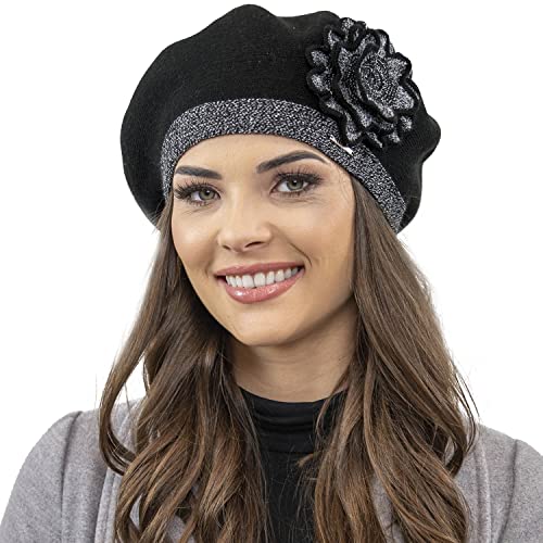 VIVISENCE Winter Baskenmütze Für Damen Herbst Warme Barette Aus Warmem Mischung Mit Blumen Applikation Frauen Elegante Klassischem Stil Perfekte Für Herbst Und Wintertage 7049, Schwarz,Einheitsgröße von VIVISENCE