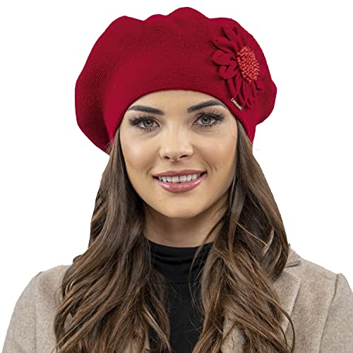 VIVISENCE Winter Baskenmütze Für Damen Herbst Warme Barette Mit Zarter Blumenapplikation Frauen Elegante Klassischem Stil Perfekte Für Herbst Und Wintertage Modell 7048, Rot,Einheitsgröße von VIVISENCE