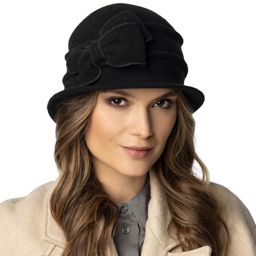 VIVISENCE Winter Hut Damen Aus Warme Schurwolle Herbst Mütze Frauen Perfekter Passform Statische-Freiheit Ideal Für Kalte Wintertage Modell 7078, Schwarz,Einheitsgröße von VIVISENCE