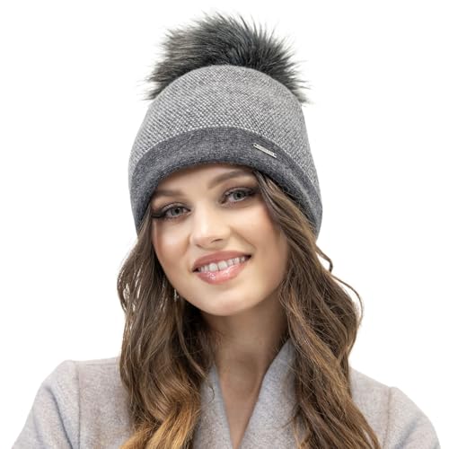 VIVISENCE Winter Mütze Für Damen Beanie Mit Bommel Strickmütze Subtilem Pepitamuster Perfekte Passform Herbst Gemütlich Ideal Für Kalte Wintertage Und, Graues Pepitamuster,Einheitsgröße von VIVISENCE