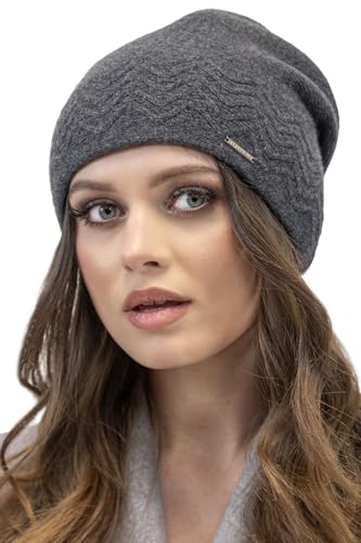VIVISENCE Winter Mütze Für Damen Beanie Mit Weichem Futter Und Zickzackmuster Perfekten Sitz Herbst Gemütlich Ideal Für Kalte Wintertage Und Outdoor-Aktivitäten Modell 7090, Schwarzgrau,Einheitsgröße von VIVISENCE