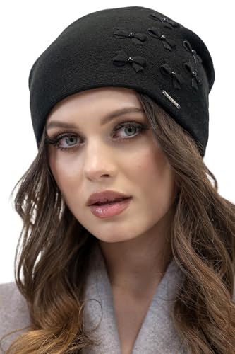 VIVISENCE Winter Mütze Für Damen Beanie Perfekter Passform Durch Falten Hergestellt Aus Warmem Garn Innenfutter Verziert Mit Schleifen Und Perlen Ideal Für Kalte Wintertage, Schwarz,Einheitsgröße von VIVISENCE
