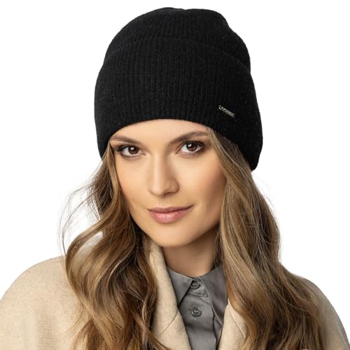 VIVISENCE Winter Mütze Für Damen Beanie Strickmütze Mit Umschlag-Saum Ohne Innenfutter Extrem Weich Herbst Gemütlich Ideal Für Kalte Wintertage Und Outdoor-Aktivitäten Modell, Schwarz,Einheitsgröße von VIVISENCE
