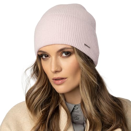 VIVISENCE Winter Mütze Für Damen Beanie Strickmütze Mit Umschlag-Saum Ohne Innenfutter Extrem Weich Herbst Gemütlich Ideal Für Kalte Wintertage Und Outdoor-Aktivitäten Modell, Puderrosa,Einheitsgröße von VIVISENCE