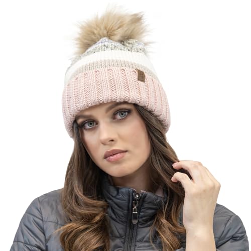 VIVISENCE Winter Mütze Mit Bommel Für Damen Aus Wärmendem Garn Mit Antistatischer Wirkung Bommelmütze Aus Weichem Innenfutter Perfekte Passform Für Kalte Wintertage Modell 7099, Pink,Einheitsgröße von VIVISENCE