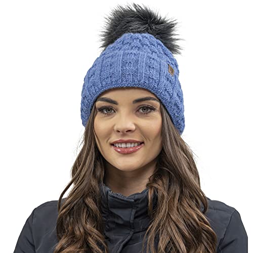 VIVISENCE Wintermütze Mit Bommel Damen Perfekte Passform Warmes Bommelmütze Herbst Frauen Mütze Für Winter Aufgerolltem Design Für Extra Wärme Ideal Für Kalte Wintertage Modell, Jeans,Einheitsgröße von VIVISENCE