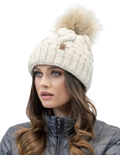VIVISENCE Wintermütze Mit Bommel Damen Warmes Ideal Für Kalte Wintertage 7014, Hellbeige,Einheitsgröße von VIVISENCE