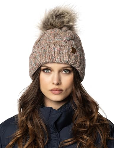VIVISENCE Wintermütze Mit Bommel Damen Warmes Ideal Für Kalte Wintertage 7014, Braune Melange,Einheitsgröße von VIVISENCE