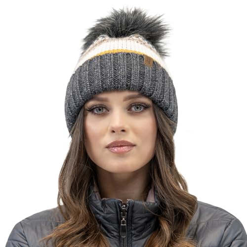 VIVISENCE Winter Mütze Mit Bommel Für Damen Aus Wärmendem Garn Mit Antistatischer Wirkung Bommelmütze Aus Weichem Innenfutter Perfekte Passform Für Kalte Wintertage Modell, Dunkelgrau,Einheitsgröße von VIVISENCE