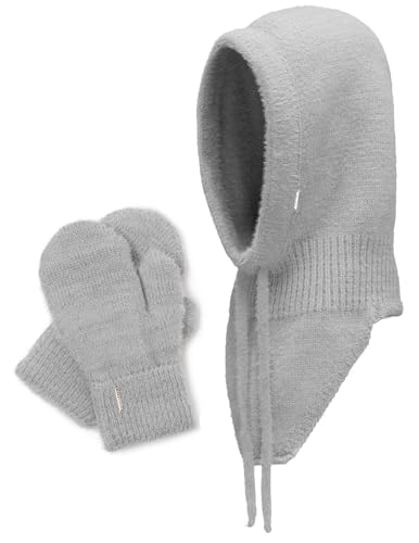 VIVISENCE Winterset Für Damen Schalmütze Mit Und Warme Fausthandschuhe Mit Fleecefutter Hergestellt Aus Weichem Warme Garn Perfekt Für Kalte Wintertage, Hellgrau,Einheitsgröße von VIVISENCE