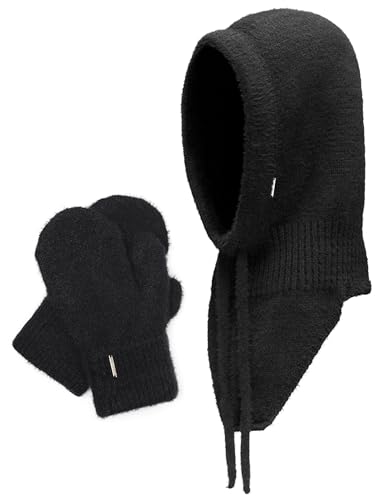 VIVISENCE Winterset Für Damen Schalmütze Mit Und Warme Fausthandschuhe Mit Fleecefutter Hergestellt Aus Weichem Warme Garn Perfekt Für Kalte Wintertage, Schwarz,Einheitsgröße von VIVISENCE